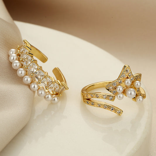 Minimalist Geometric Open Ring for Women Made of Brass with Real Gold Plating and Zircon Inlay