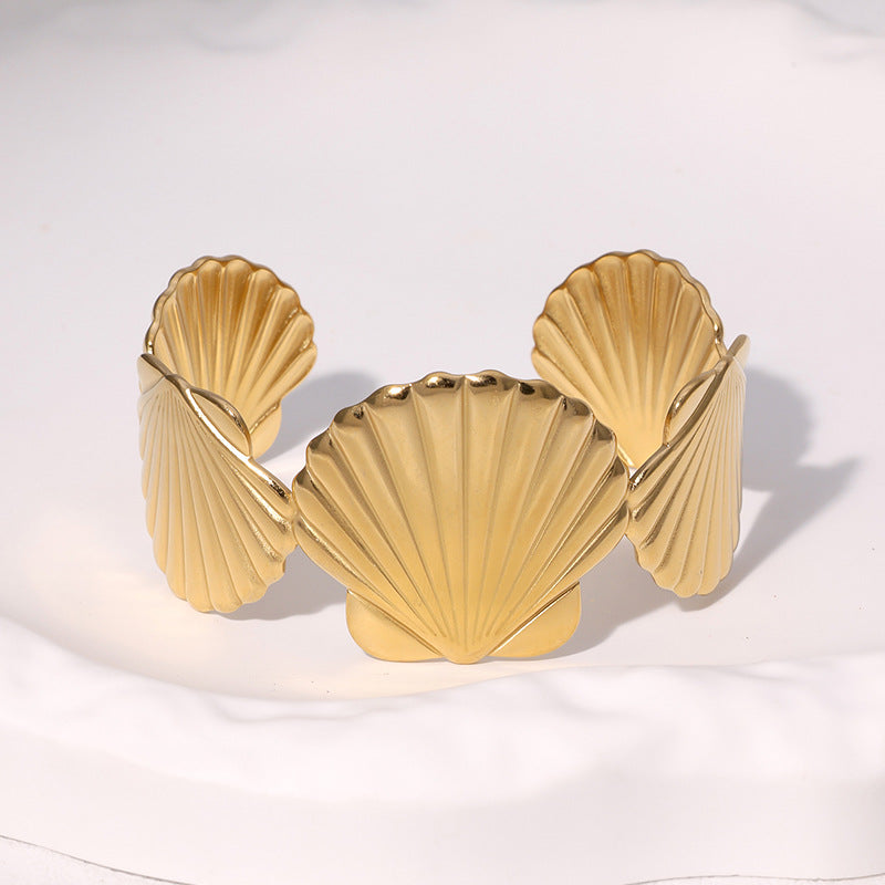 Minimalist Stainless Steel Wide Scallop Open Cuff Bracelet for Women