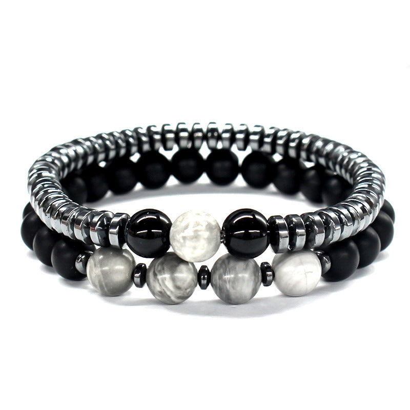 Minimalist Men's Black Stone Beaded Bracelet Handmade Natural Stone Strand