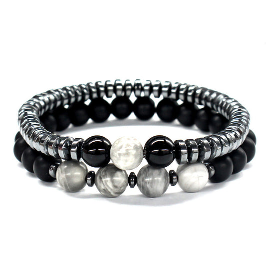 Minimalist Men's Black Stone Beaded Bracelet Handmade Natural Stone Strand