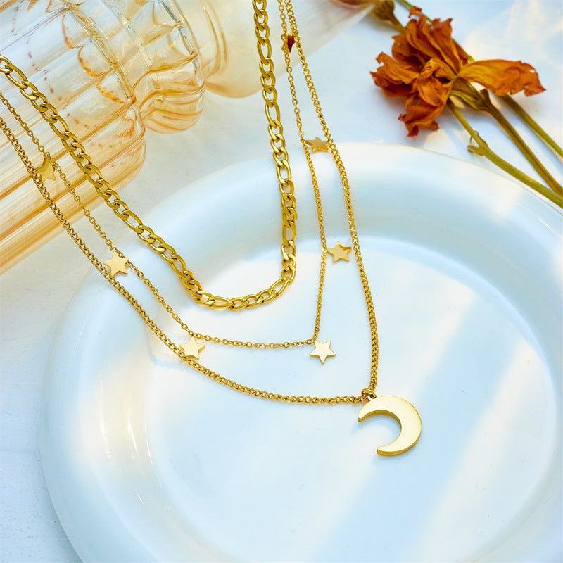 Minimalist Geometric Titanium Steel Necklace with Star and Moon Charms for Women, Electroplated Locket Chain