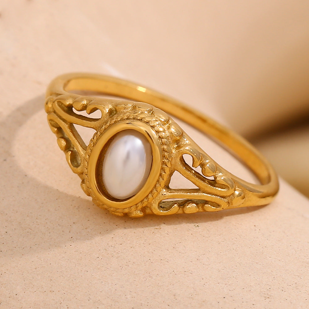 Anello da donna in acciaio inossidabile placcato con perla, motivo floreale geometrico, stile minimalista ed elegante