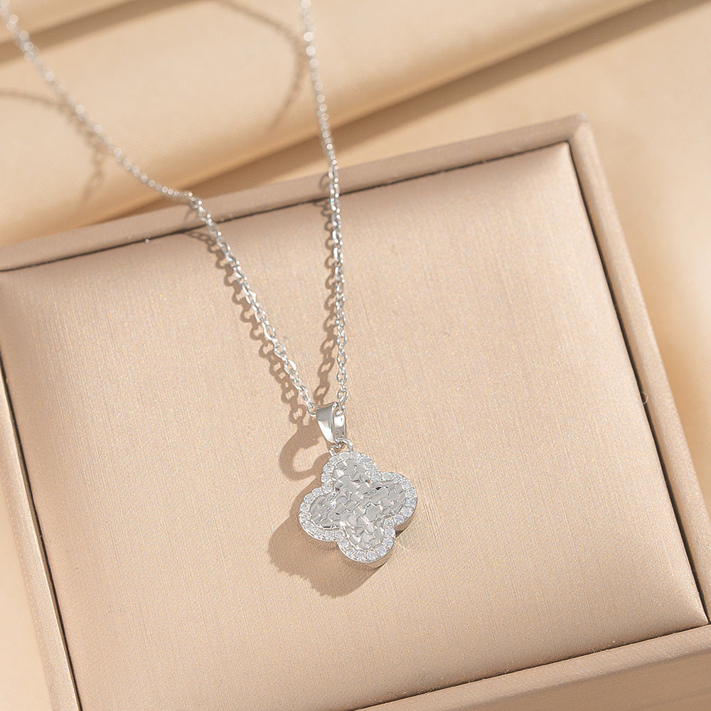 Minimalist Lucky Clover Pendant Necklace for Women in Titanium Steel with Gold Plating and Zircon Inlay on O-Chain