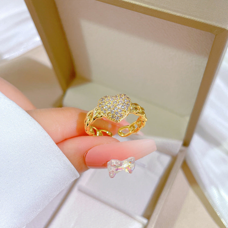 Minimalist Gold-Plated Brass Open Heart Ring with Zircon Inlay for Women Fashion Statement Ring