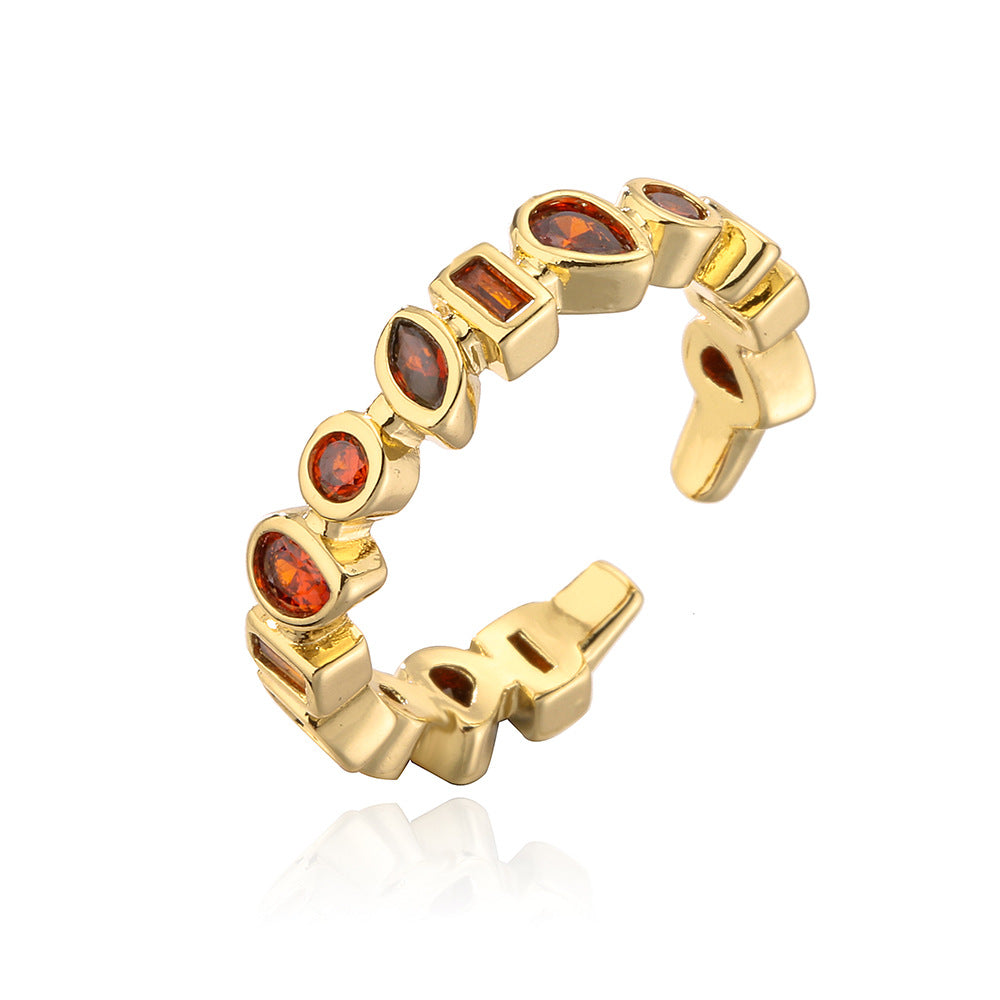 Minimalist Irregular Geometric Open Ring for Women in Copper with 18K Gold Plating and Zircon Inlay