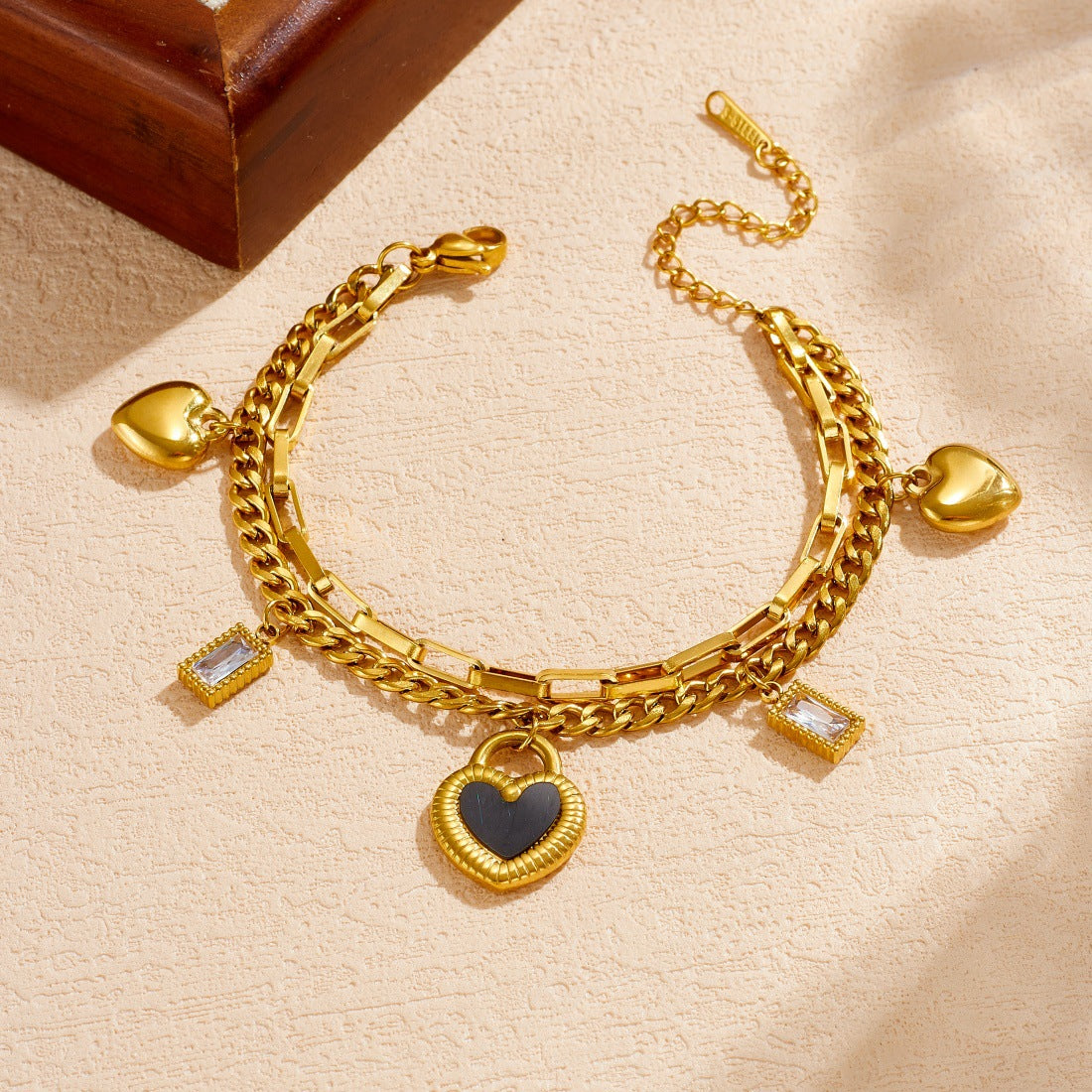 Luxury Gold Plated Stainless Steel Double Layer Chain Bracelet with Heart and Square Pendants for Women