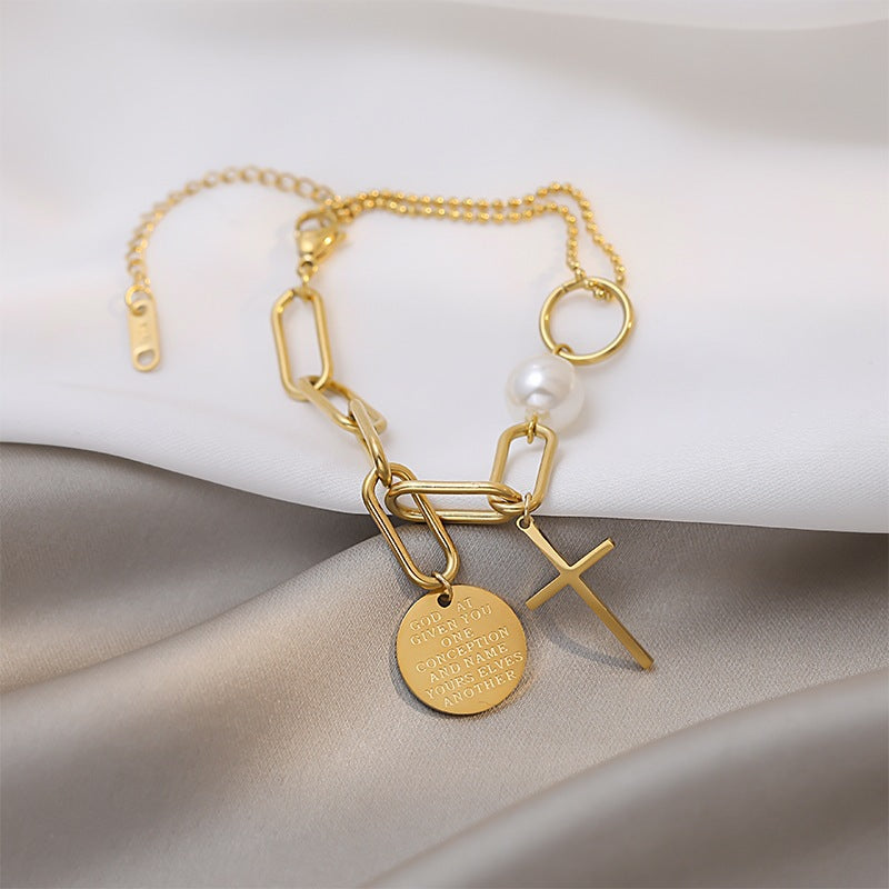 Pulsera minimalista de acero de titanio con cadena irregular, perla, cruz y colgante redondo para mujer