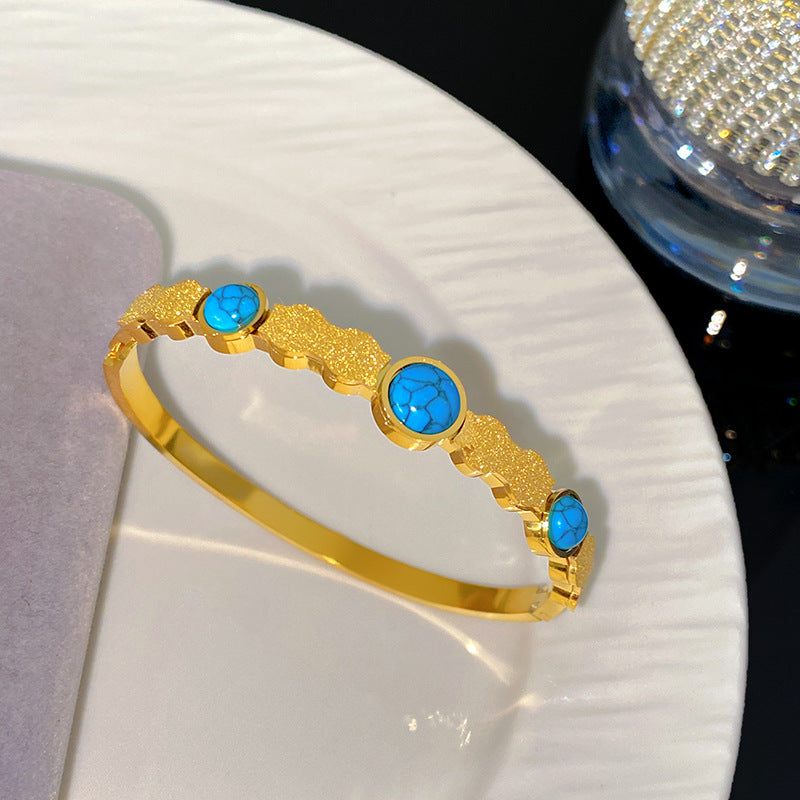 Minimalist Geometric Letter Turquoise Inlay Titanium Steel Bracelet for Women