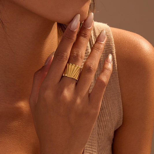 Minimalist Stainless Steel Wide Band Ring with Vertical Textured Surface and Open Adjustable Design for Women