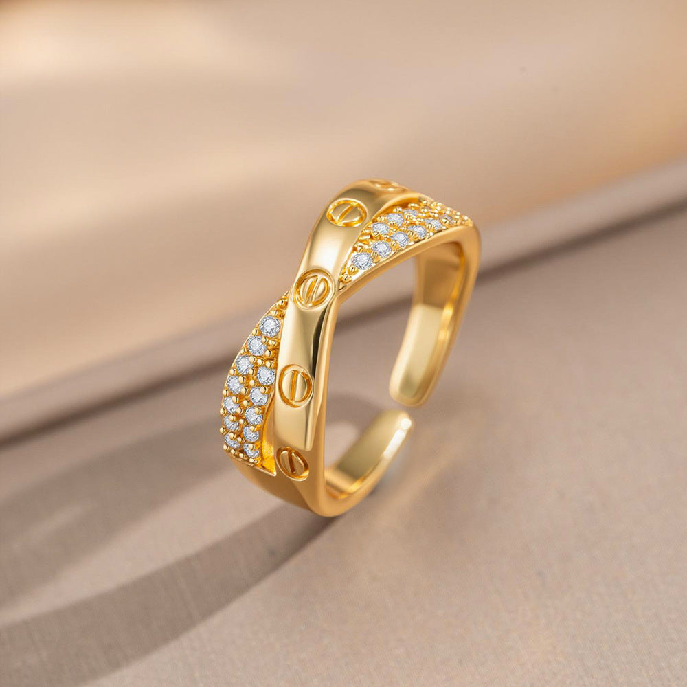 Minimalist Fashion 18K Gold Plated Geometric Letter Zircon Inlay Adjustable Ring for Women