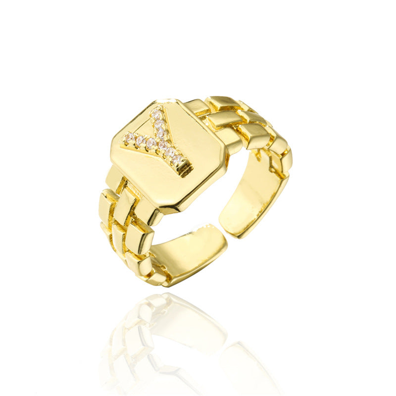 Minimalist Adjustable Open Ring with 18K Gold Plated Copper Band and AAA Zircon Letters Design