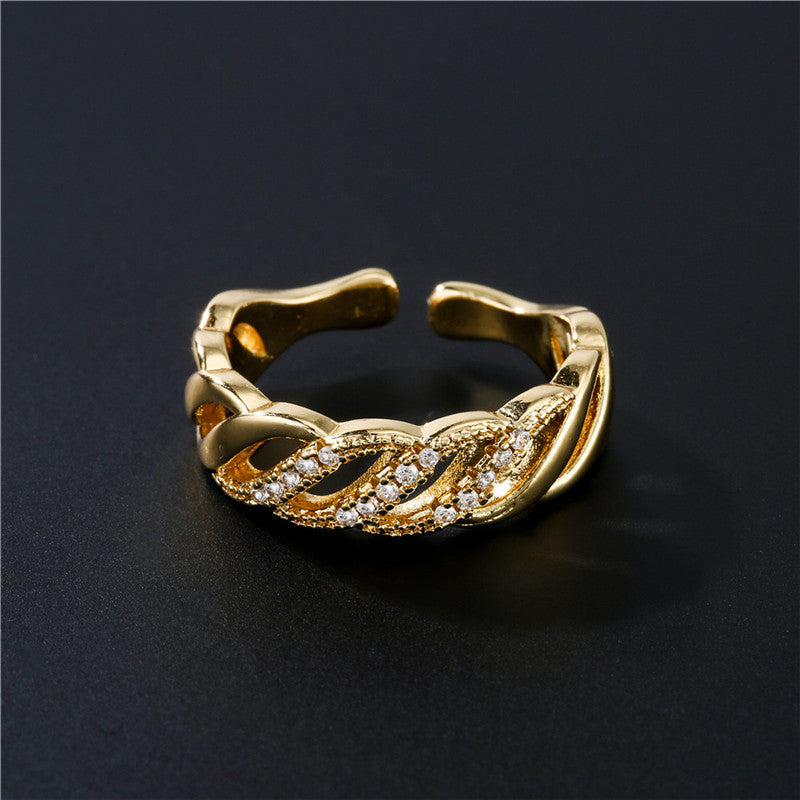 Anello Aperto Personalizzato di Tendenza, Placcato Oro 18K, Fascia in Rame con Zirconi Micro-Incastonati, Design Geometrico, da Donna