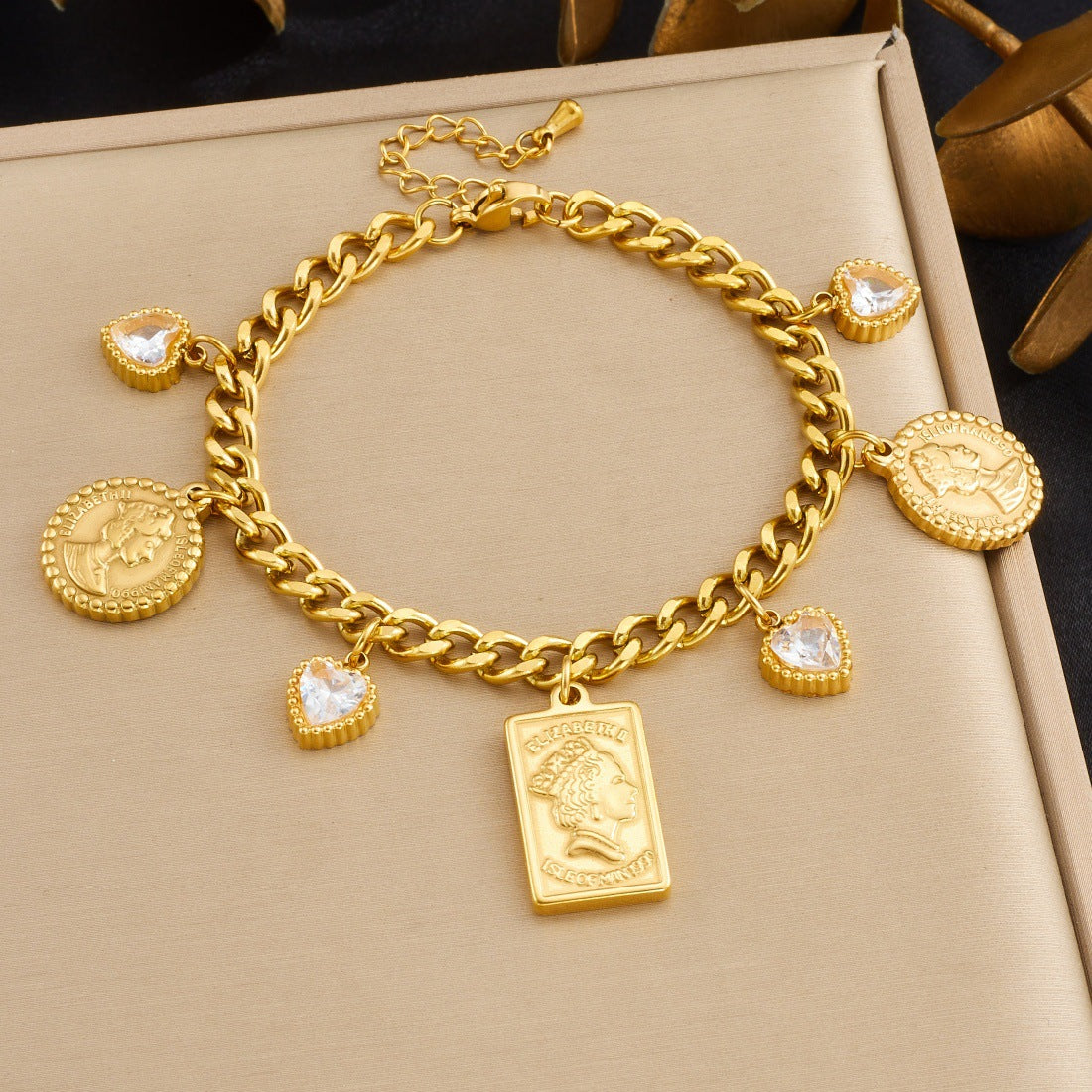 Elegant Gold Plated Geometric Round Square Heart Rhinestone Inlay Stainless Steel Pendant Bracelet