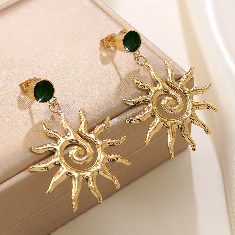 Vintage Geometric Sun Stainless Steel Earrings with Rhinestone Inlay for Women
