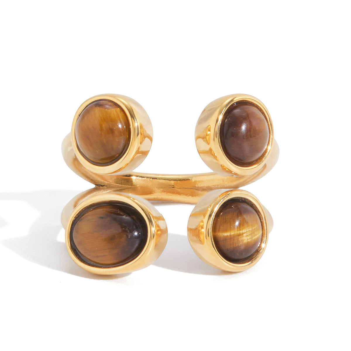 Fashion Geometric Round Tiger's Eye Stainless Steel Ring with 18K Gold PVD Finish for Women