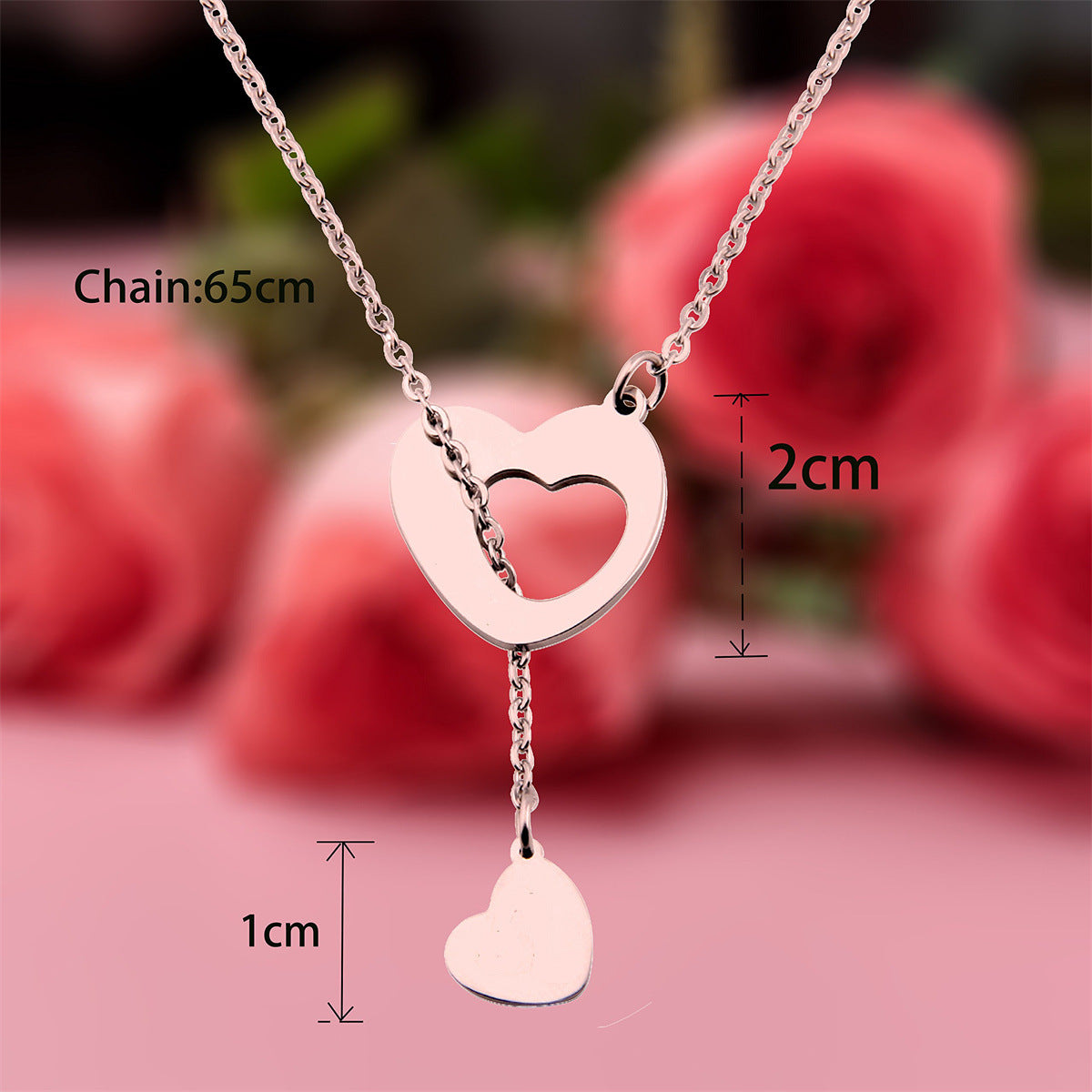 Natural and Fresh Sweet Heart-Shaped Stainless Steel Lariat Y Necklace with Polished Titanium Steel Pendant for Women
