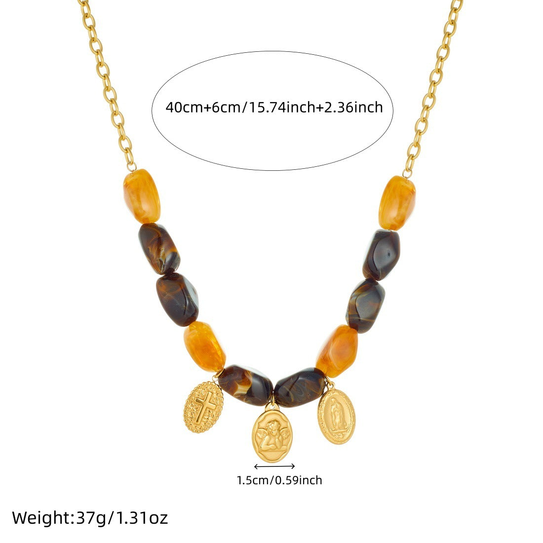 Vintage Ethnic Gold Plated Stainless Steel Cross Oval Round Beaded Necklace for Women