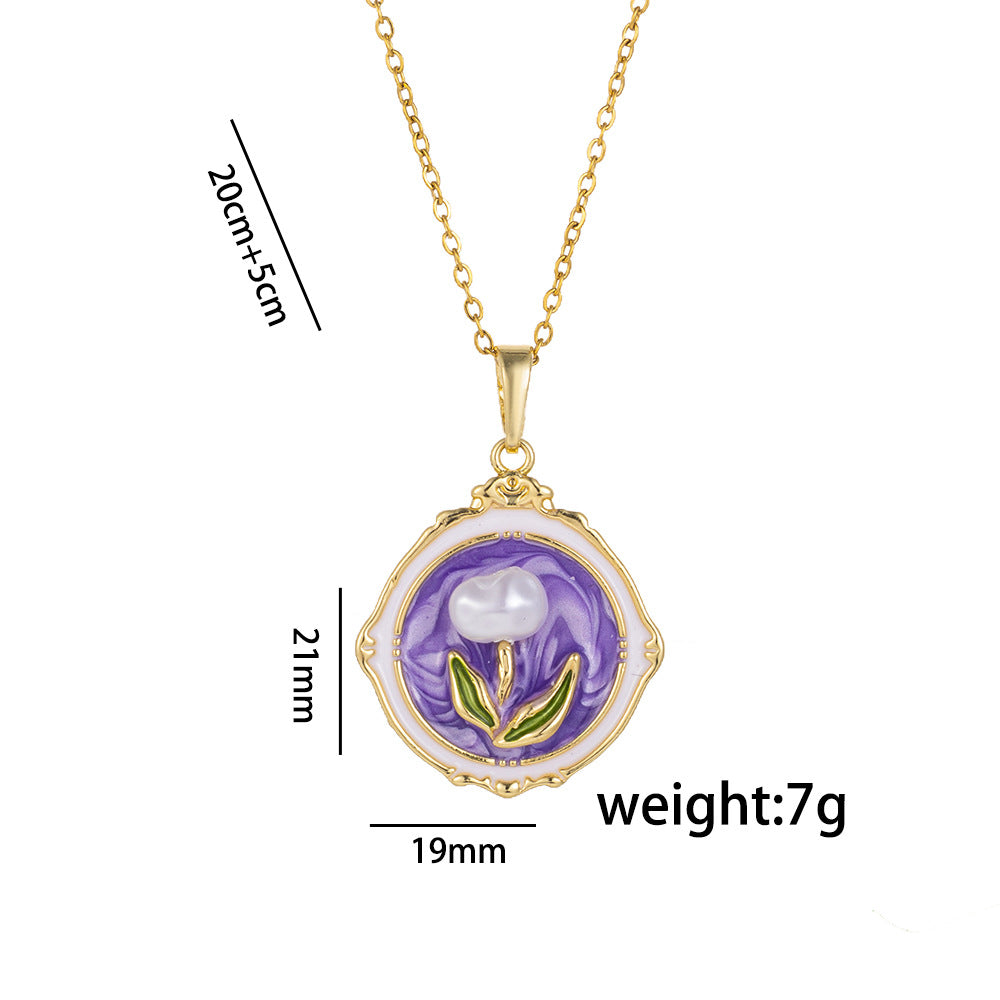 Collana con ciondolo floreale smaltato per donne e uomini in rame con catena a O Stile medaglione minimalista alla moda