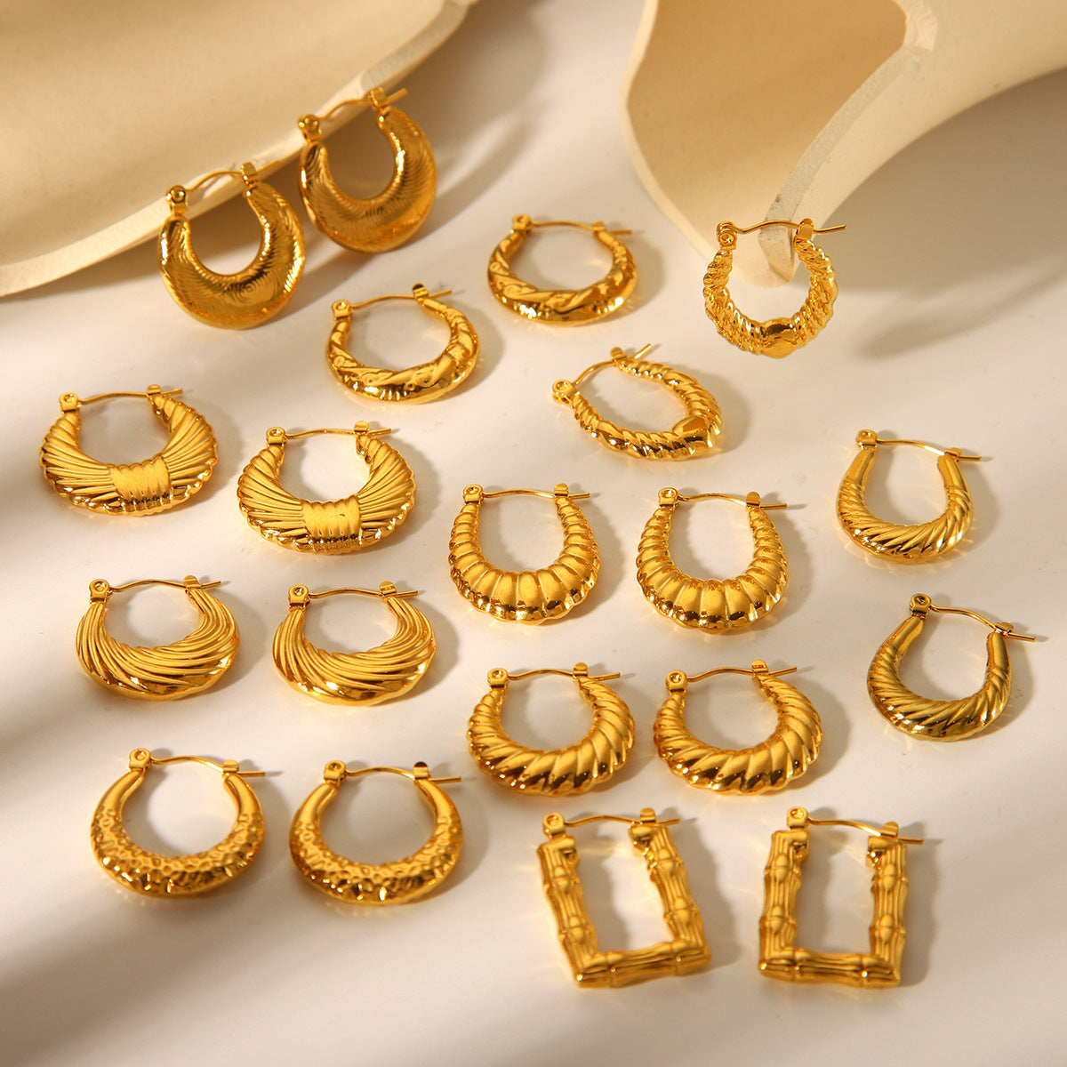 Fashion Geometric Textured U-Shaped 18K Gold Plated Stainless Steel Earrings for Women
