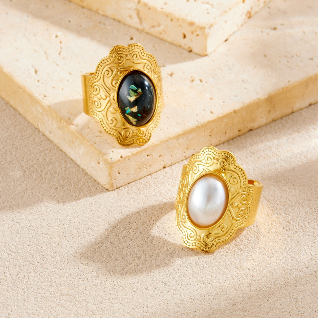 Vintage Gold Plated Geometric Oval Stainless Steel Ring with Pearl and Gemstone Inlay