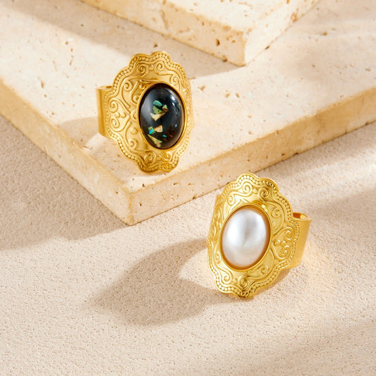 Vintage Gold Plated Geometric Oval Stainless Steel Ring with Pearl and Gemstone Inlay
