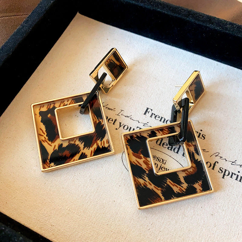Vintage-Style Geometric Round Hoop Earrings for Women with Alloy Base Plated in Silver Tone Enamel Leopard Print and Rhinestone Inlay