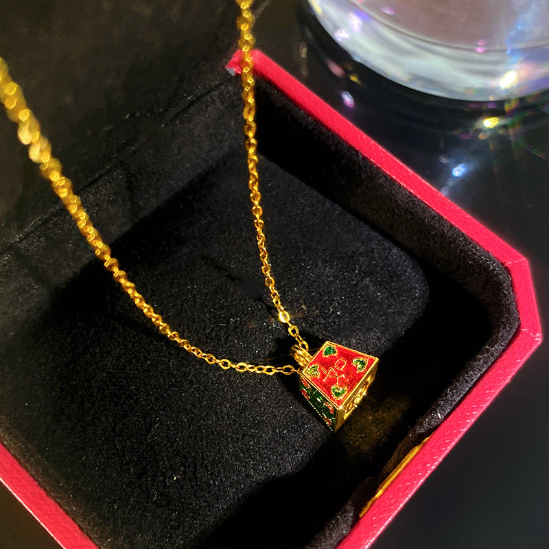 Sporty Sweet Micro-Set Cubic Zirconia Fruit Square Pendant Titanium Steel Cable Chain Necklace