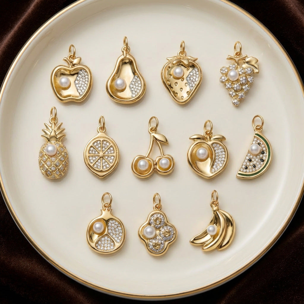 Vintage 14K Gold Plated Geometric Fruit Drip Oil Cubic Zirconia Brass Charm Bar