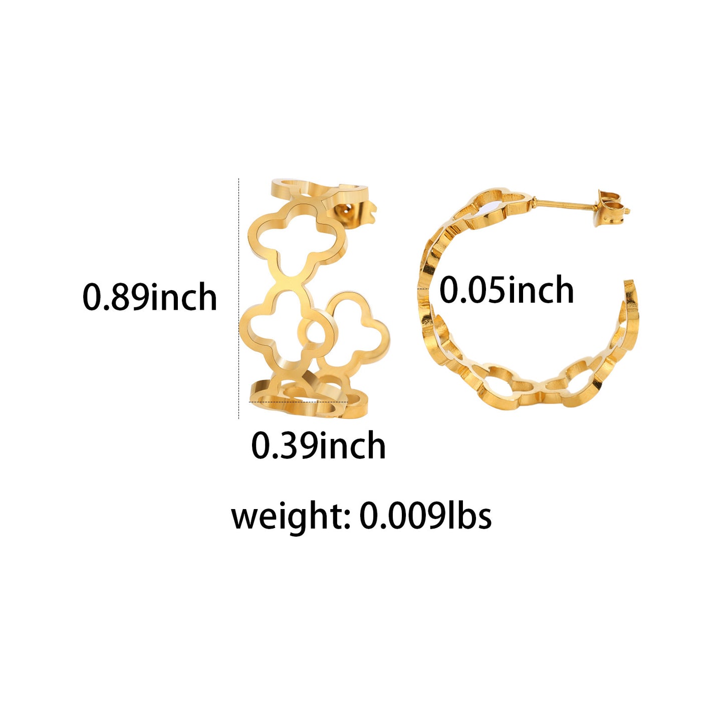 Elegant 18K Gold Plated Stainless Steel Hollow Four-Leaf Clover Floral Hoop Earrings for Women