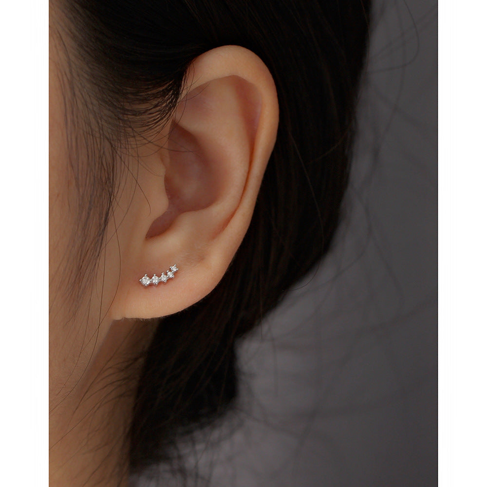 Geometric Rhinestone-Set S925 Sterling Silver Screw Back Earrings for Women, Fresh and Sweet Style