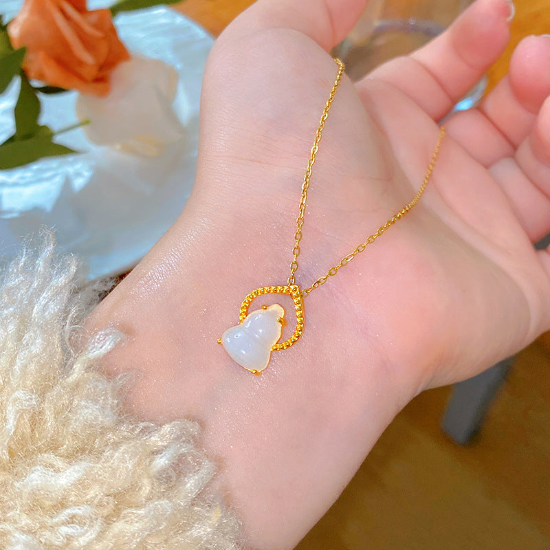 Sweet Minimalist Butterfly Cubic Zirconia & White Shell Gourd Pendant Titanium Steel Necklace for Women