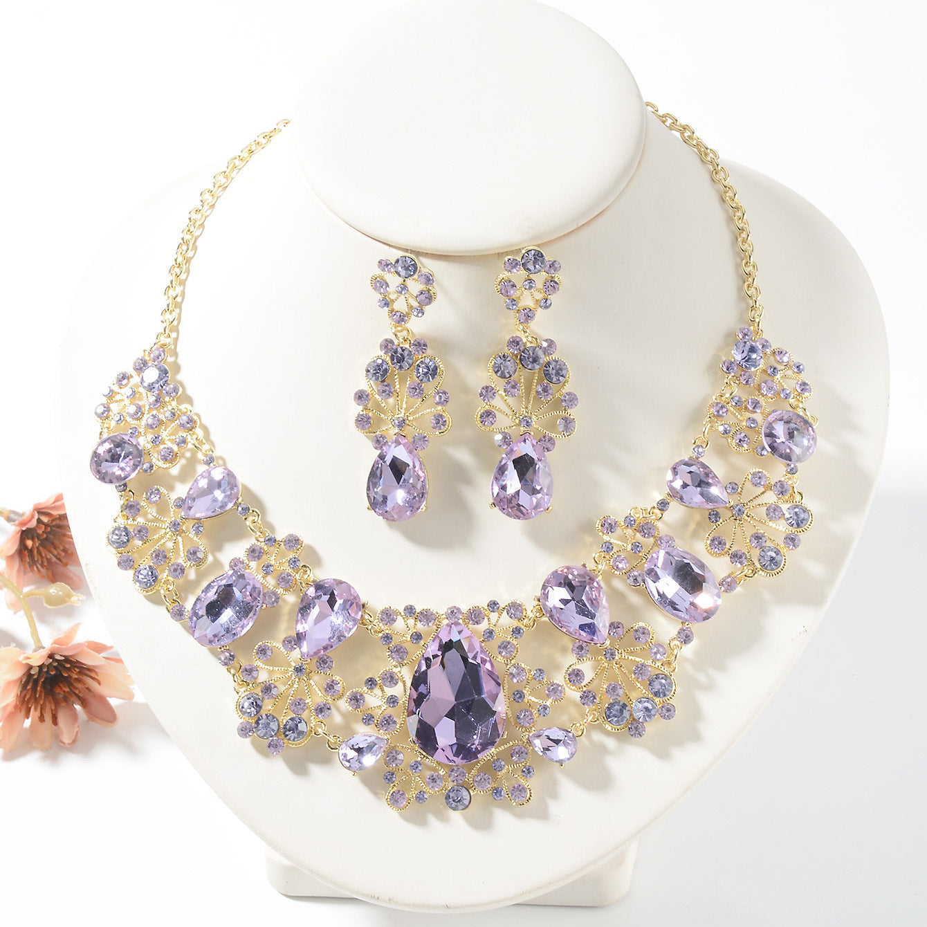 Sweet Floral Crystal Alloy Plated Necklace and Earring Set with Cable Chain for Women
