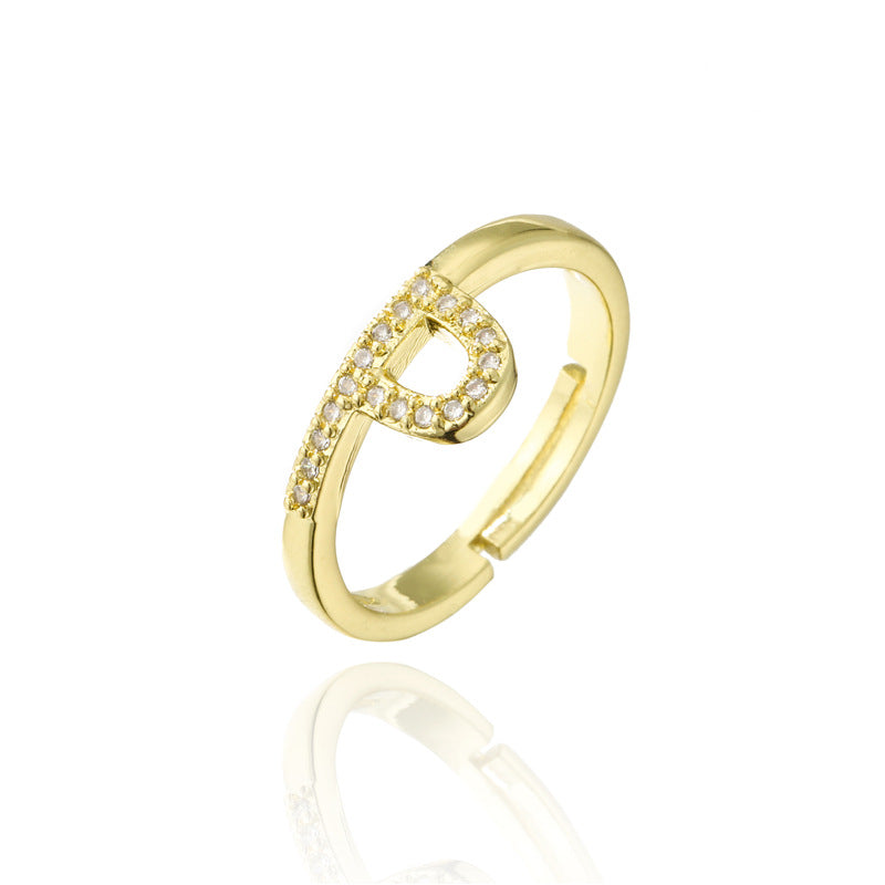 Fashion 18K Gold Plated Brass Micro-inlay Letter Ring Adjustable Open Band for Women