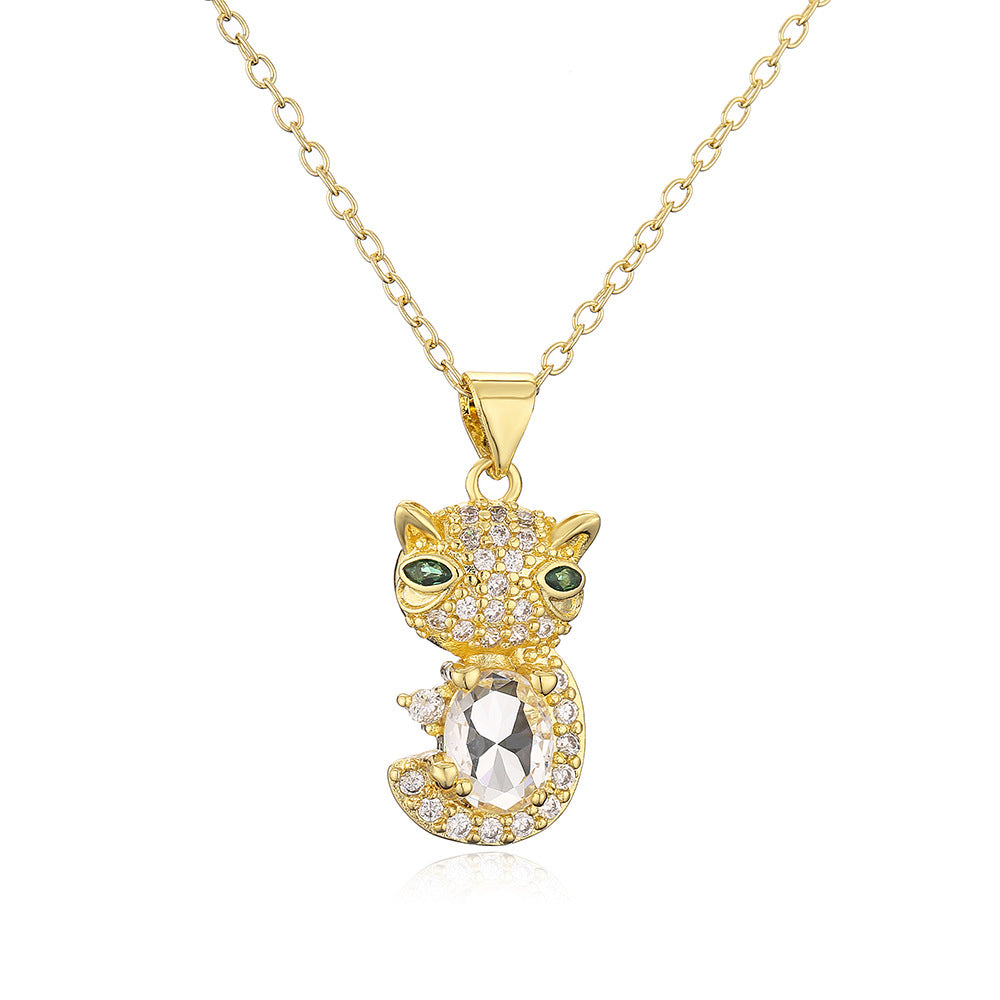 Sweet Cute Cat Pendant Necklace for Women in Copper with 18K Gold Plating and Zircon Inlay, Geometric Design Clavicle Chain