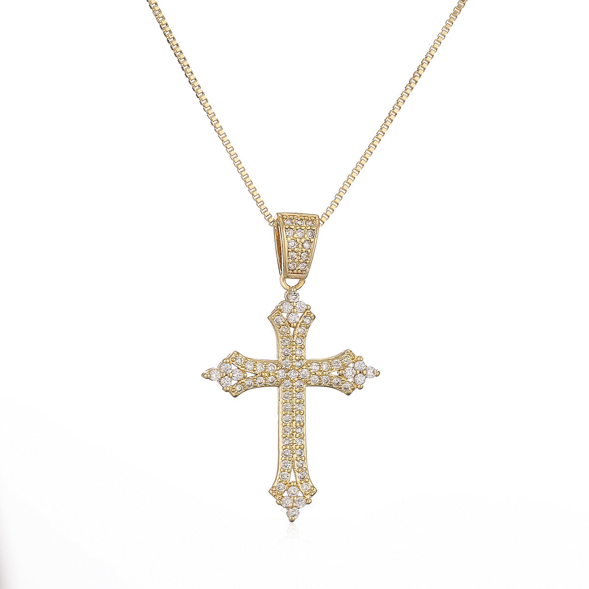 Collana con ciondolo a croce minimalista da donna in ottone placcato oro 18 carati e intarsi in zirconi