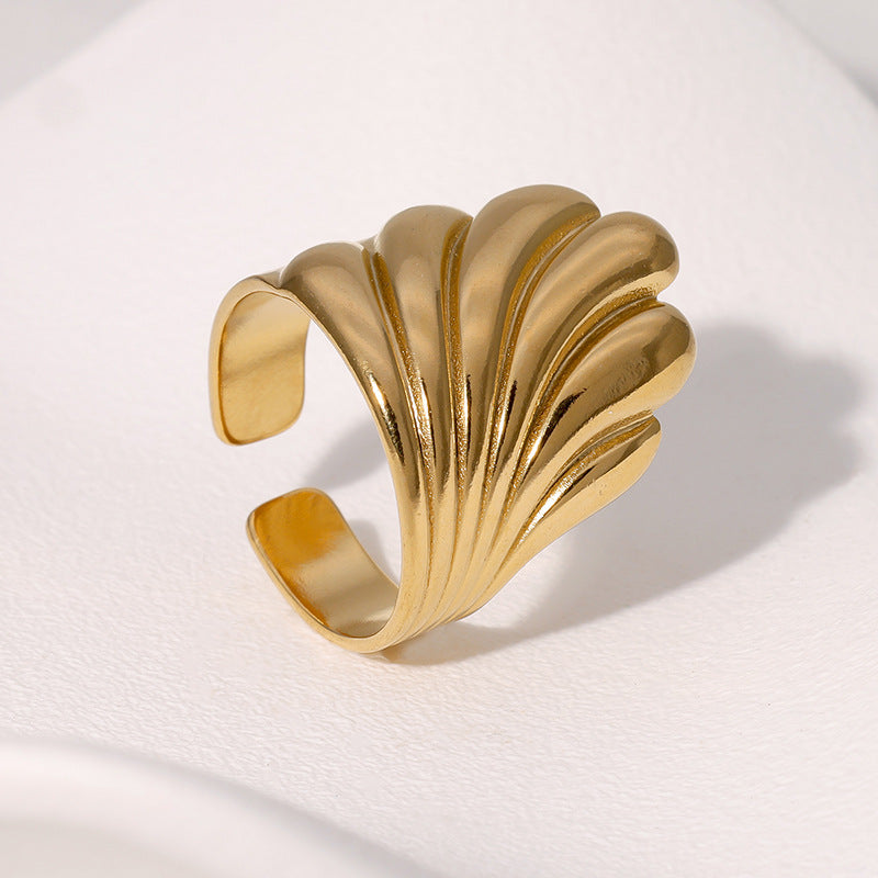 Geometric Minimalist Stainless Steel Ring for Women with Gold Plating, Ocean Wave Pattern, Cool-Tone Retro Fashion Design