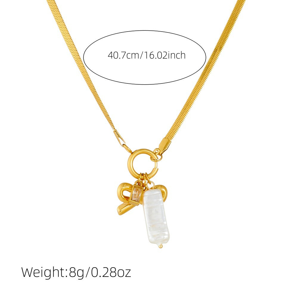 Vintage Elegant Gold Plated Stainless Steel Heart Bow Pearl Pendant Necklace