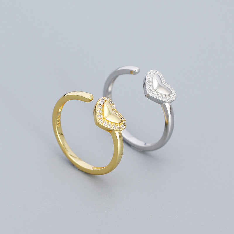 Sweet Heart-Shaped S925 Sterling Silver Adjustable Ring with Rhinestone Inlay for Women