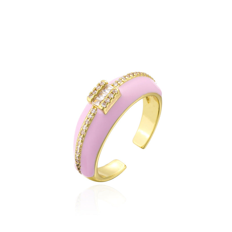 Geometric Micro-inlay Cubic Zirconia Brass Drip Oil Plated 18K Gold Open Ring for Women