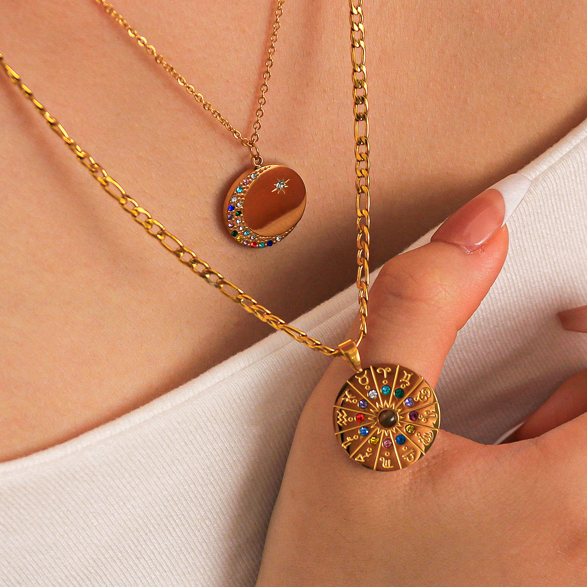 Vintage Zodiac Pendant Necklace for Women Stainless Steel Base with 18K Gold Plating Geometric Shape Cubic Zirconia Inlay Figaro Chain