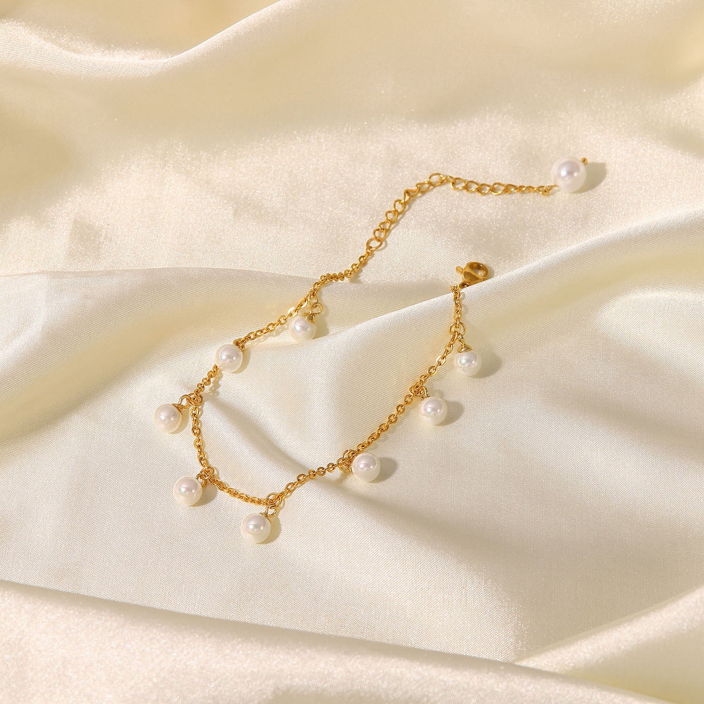 Minimalist Geometric 18K Gold Plated Stainless Steel Anklet with Shell Pearl Tassel Pendant for Women