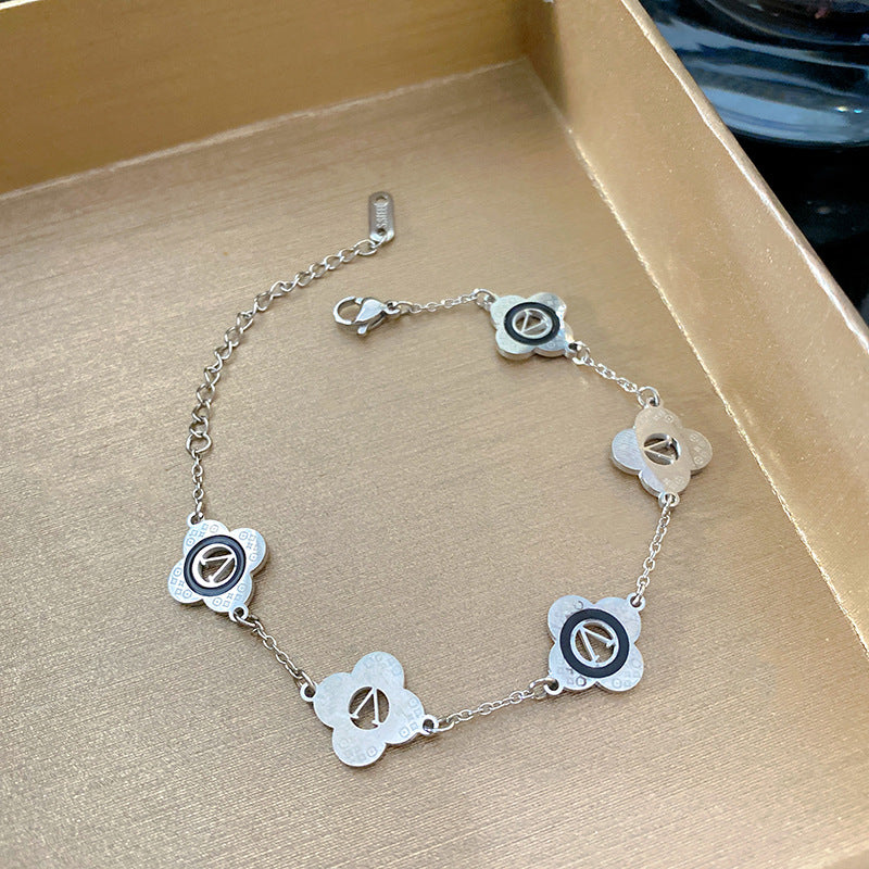 Minimalist Letter V Five-Leaf Flower Plated Titanium Steel Bracelet