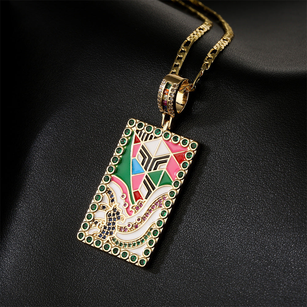 Collana con ciondolo geometrico in smalto dipinto a olio da donna in rame placcato oro 18 carati e intarsi in zirconi
