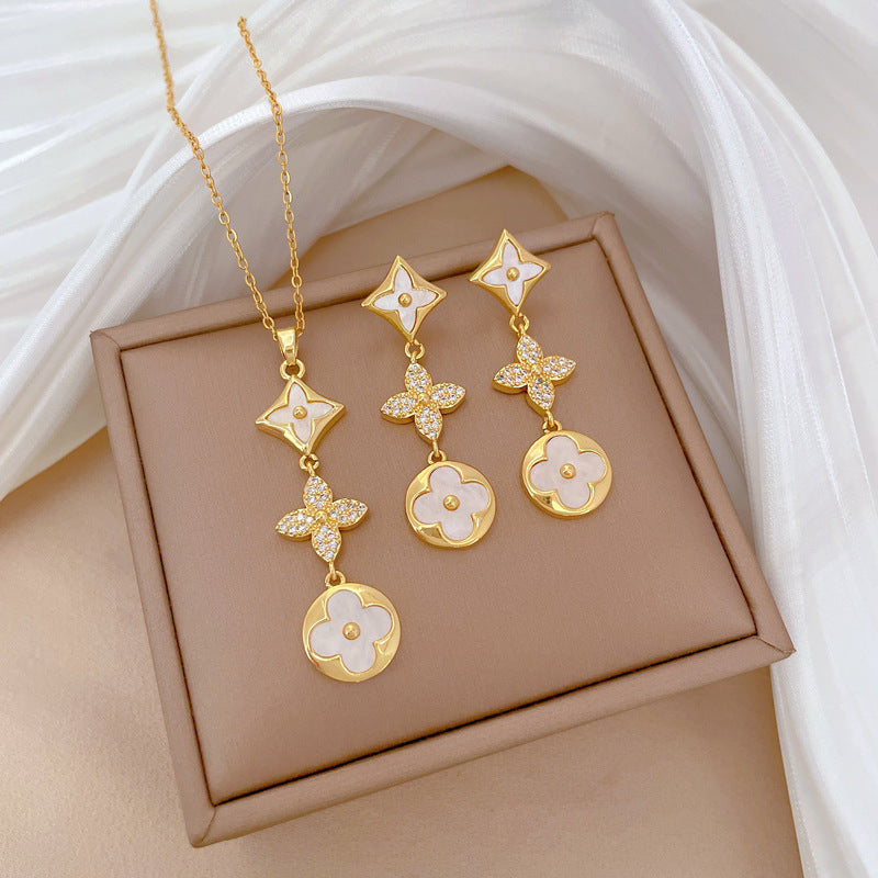 Luxury Fresh and Sweet Plated Brass Zircon Micro-Pave Earrings and Necklace Set