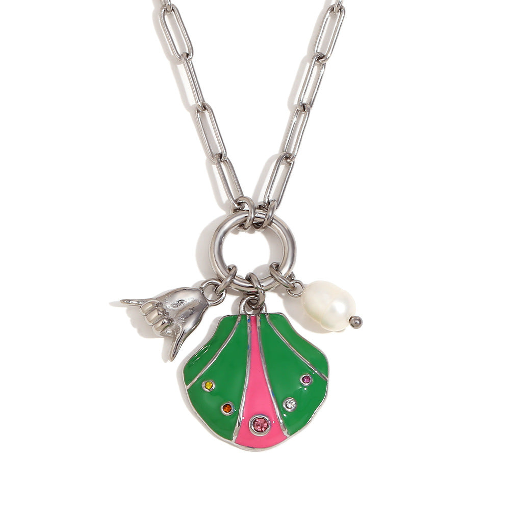 Collana con ciondolo in acciaio inossidabile geometrico minimalista alla moda con placcatura in oro 18 carati, dettagli in strass colorati, motivo a conchiglia e design a gesto della mano