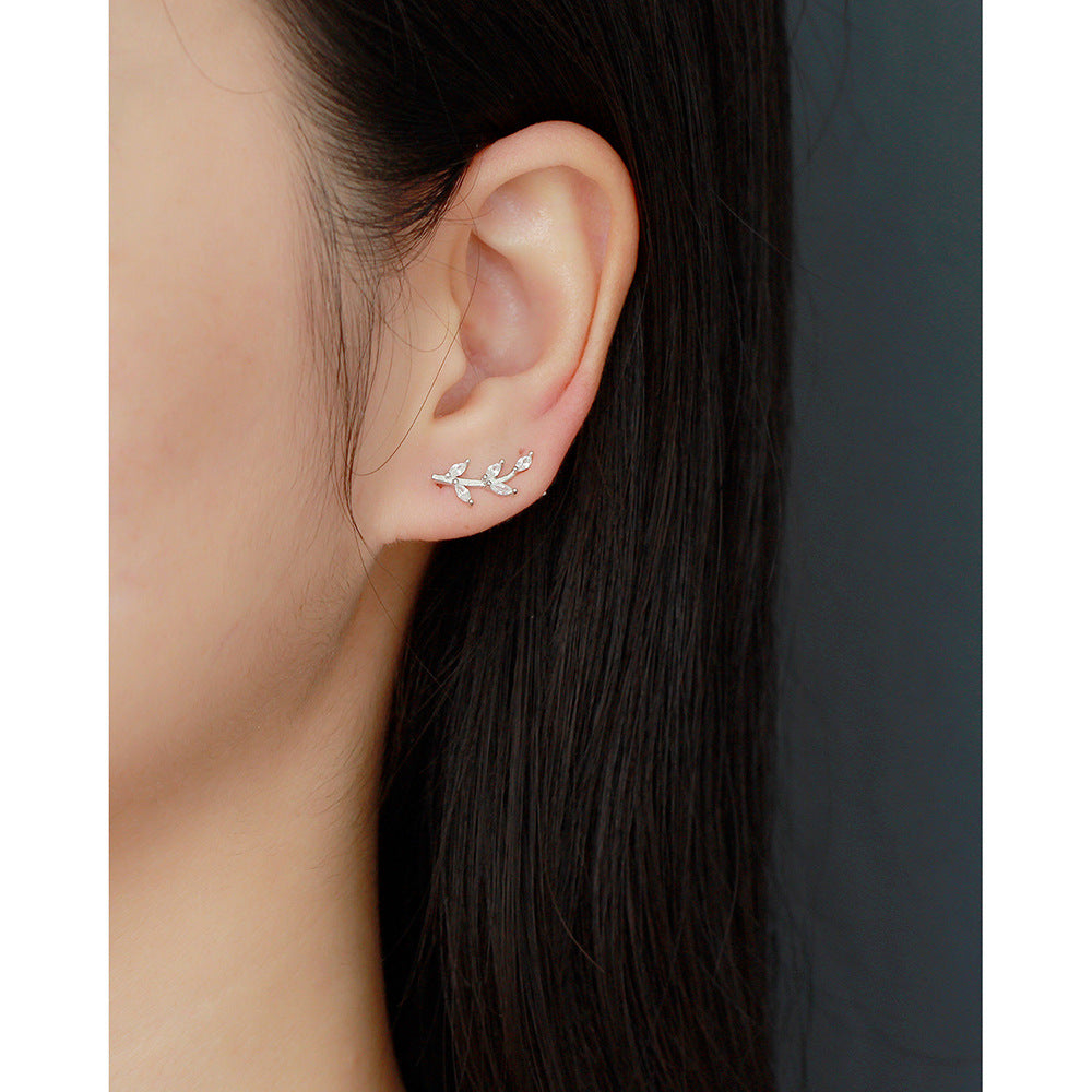 Orecchini in Argento Sterling S925 a Forma di Foglia, Dolci e Freschi, con Intarsio di Strass
