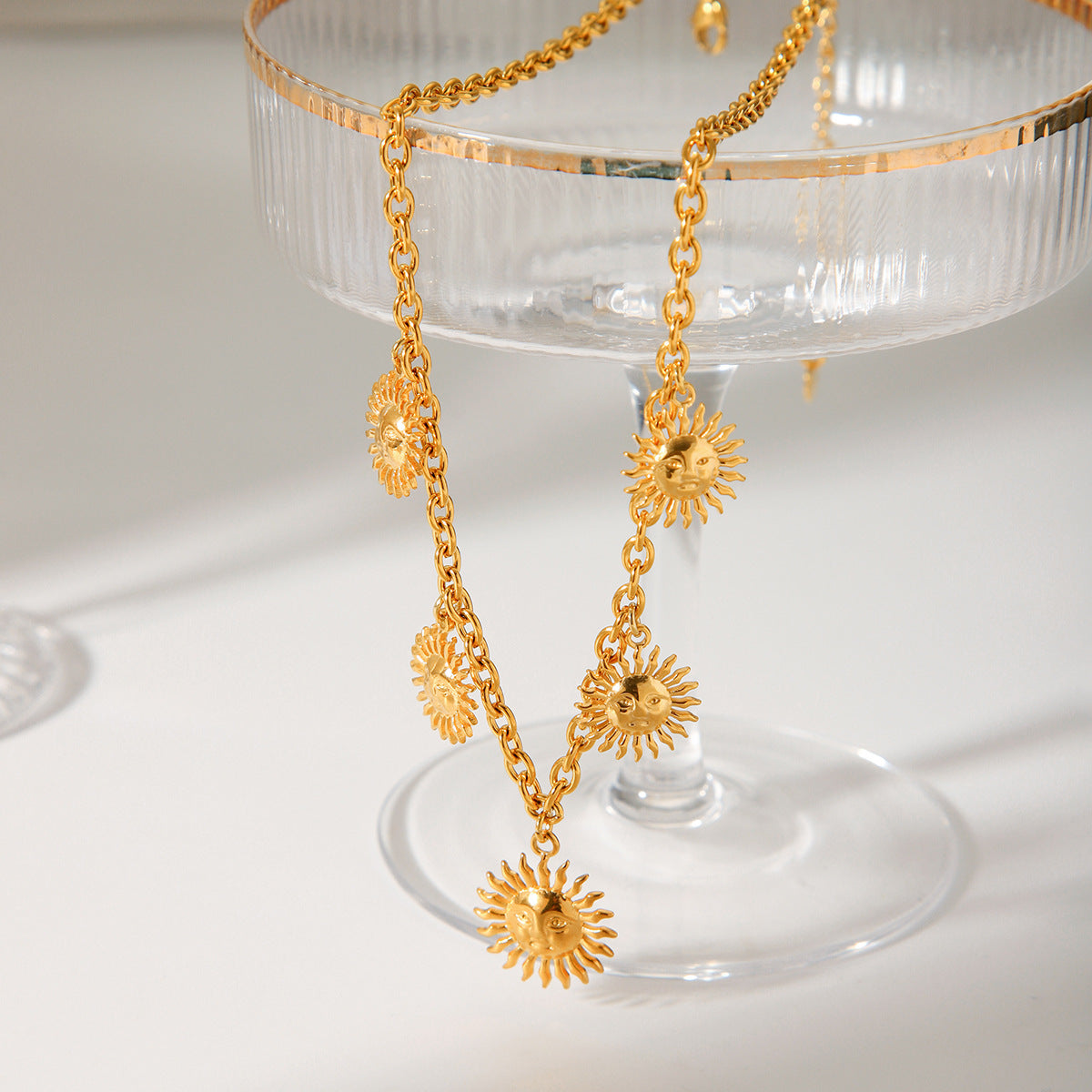 Minimalist Sunflower Pendant Necklace for Women in Titanium Steel with Plated Finish on O-Chain