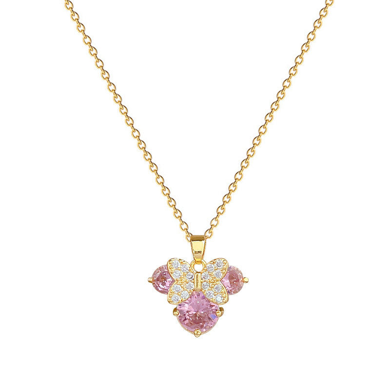 Minimalist Cat Bow Knot Pendant Necklace Set in Titanium Steel with Rhinestone Inlay for Women
