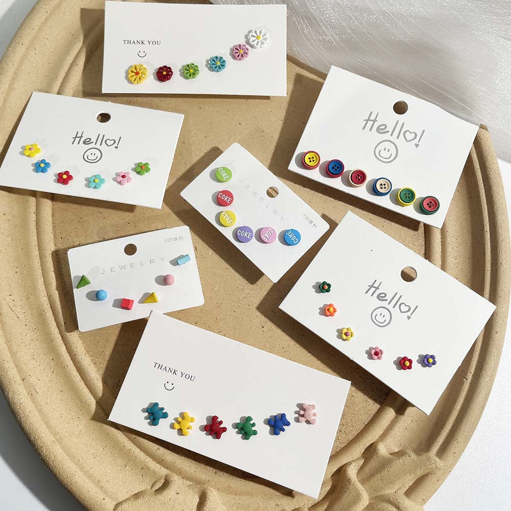 Sweet Color Block Drip Oil Sterling Silver Bear Heart Geometric Stud Earrings for Women