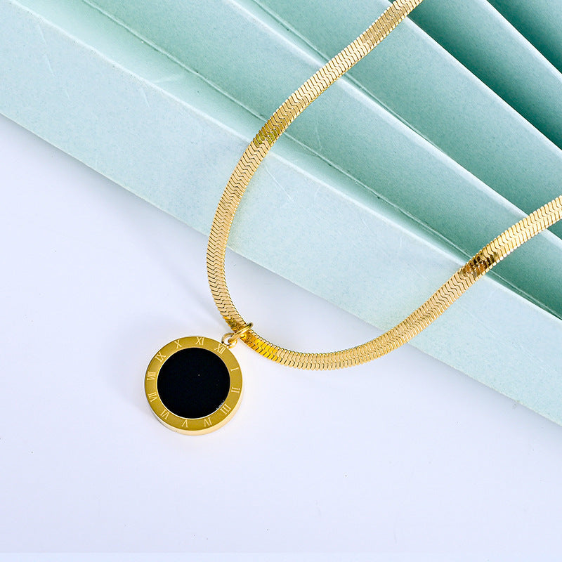 Minimalist Roman Numeral Pendant Necklace in Titanium Steel with Gold Inlay on Snake Chain for Women